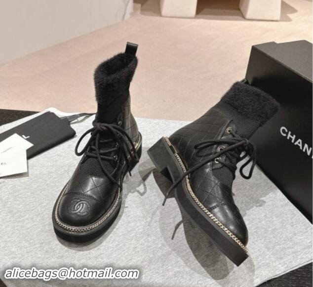 Good Quality Chanel Quilted Calfskin & Knit Lace-up Ankle Boots with Logo Stud Black Upper 909049