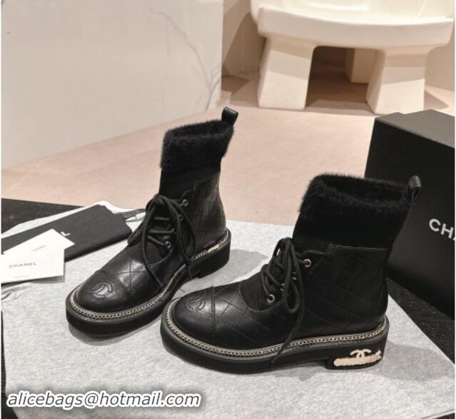 Good Quality Chanel Quilted Calfskin & Knit Lace-up Ankle Boots with Logo Stud Black Upper 909049