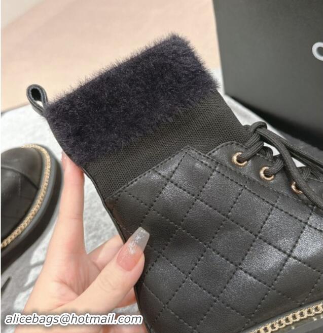 Good Quality Chanel Quilted Calfskin & Knit Lace-up Ankle Boots with Logo Stud Black Upper 909049