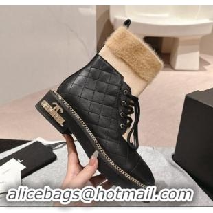 Grade Quality Chanel Quilted Calfskin & Knit Lace-up Ankle Boots with Logo Stud Black/Beige 909050