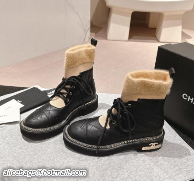 Grade Quality Chanel Quilted Calfskin & Knit Lace-up Ankle Boots with Logo Stud Black/Beige 909050