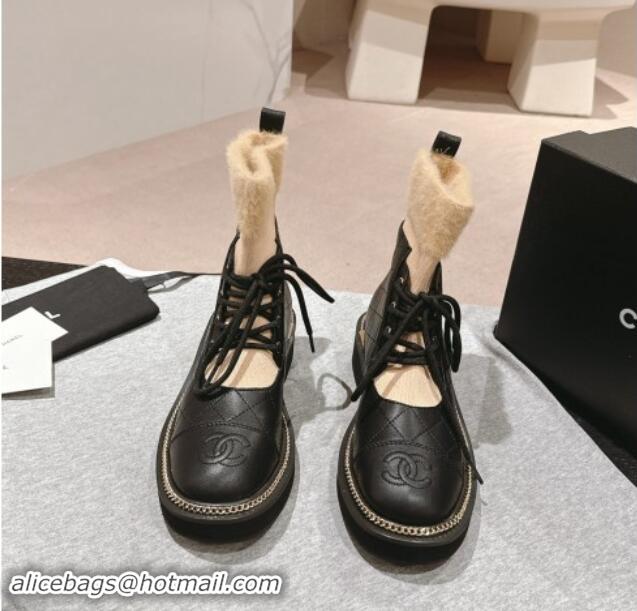 Grade Quality Chanel Quilted Calfskin & Knit Lace-up Ankle Boots with Logo Stud Black/Beige 909050