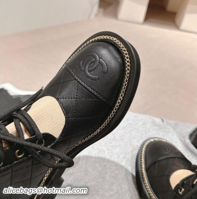 Grade Quality Chanel Quilted Calfskin & Knit Lace-up Ankle Boots with Logo Stud Black/Beige 909050