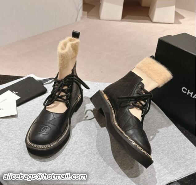 Grade Quality Chanel Quilted Calfskin & Knit Lace-up Ankle Boots with Logo Stud Black/Beige 909050