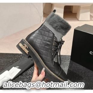 Low Price Chanel Quilted Calfskin & Knit Lace-up Ankle Boots with Logo Stud Black/Grey 909051