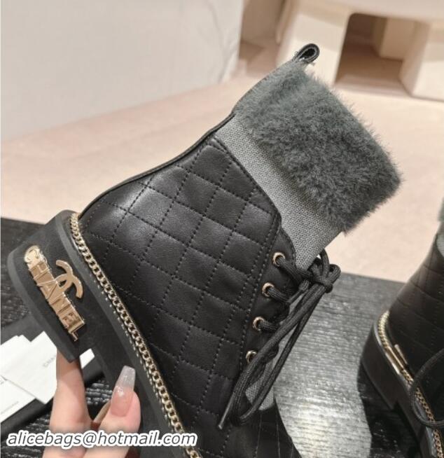 Low Price Chanel Quilted Calfskin & Knit Lace-up Ankle Boots with Logo Stud Black/Grey 909051