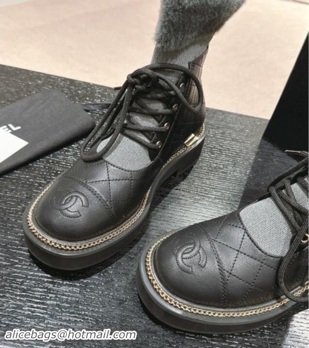 Low Price Chanel Quilted Calfskin & Knit Lace-up Ankle Boots with Logo Stud Black/Grey 909051