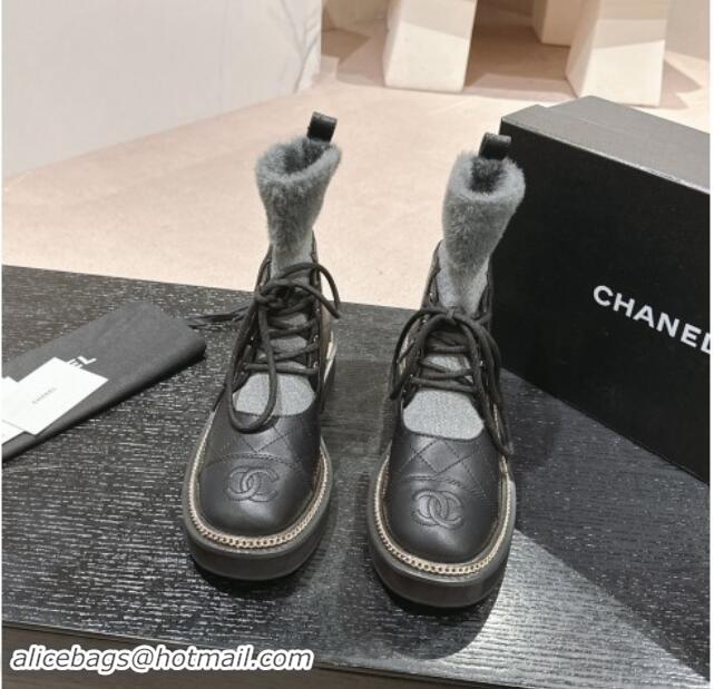 Low Price Chanel Quilted Calfskin & Knit Lace-up Ankle Boots with Logo Stud Black/Grey 909051