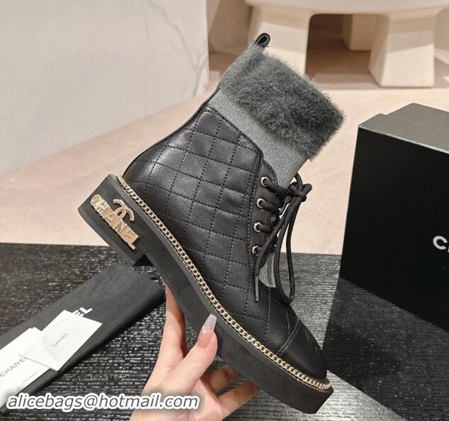 Low Price Chanel Quilted Calfskin & Knit Lace-up Ankle Boots with Logo Stud Black/Grey 909051