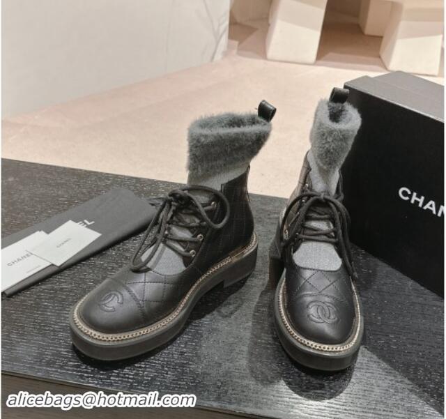 Low Price Chanel Quilted Calfskin & Knit Lace-up Ankle Boots with Logo Stud Black/Grey 909051