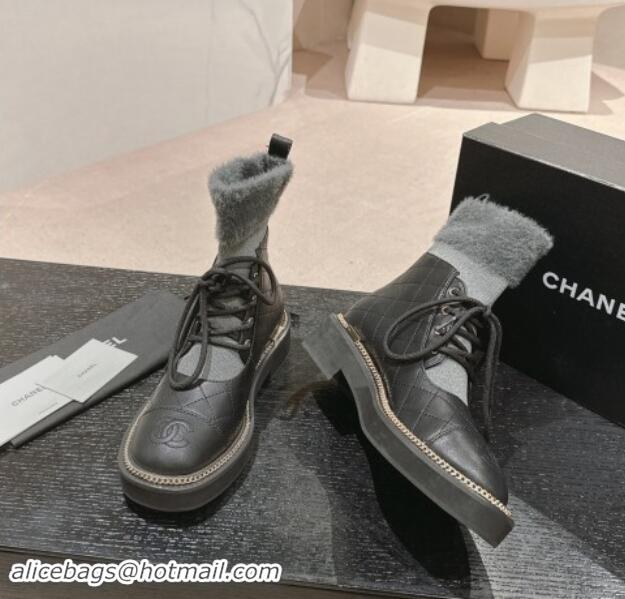 Low Price Chanel Quilted Calfskin & Knit Lace-up Ankle Boots with Logo Stud Black/Grey 909051