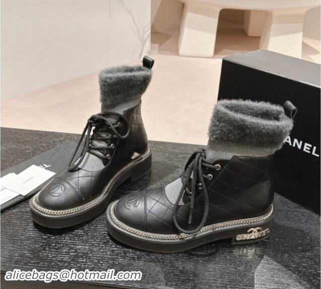 Low Price Chanel Quilted Calfskin & Knit Lace-up Ankle Boots with Logo Stud Black/Grey 909051