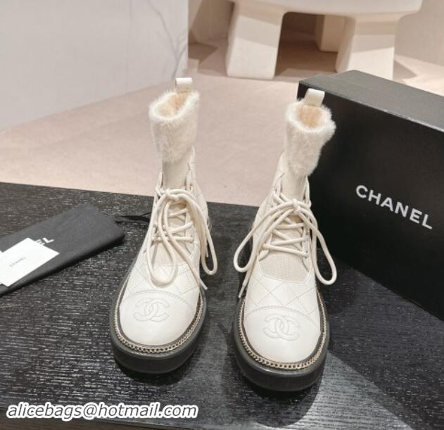 Luxurious Chanel Quilted Calfskin & Knit Lace-up Ankle Boots with Logo Stud White Upper 909052