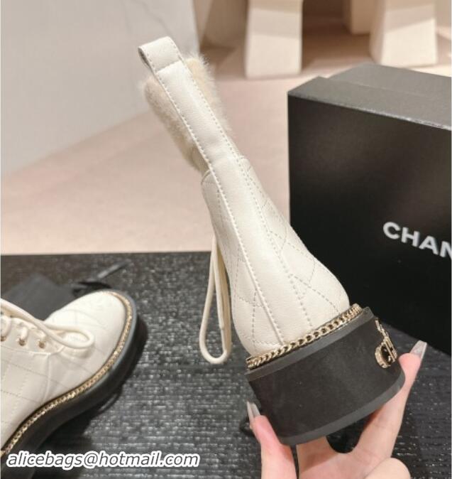 Luxurious Chanel Quilted Calfskin & Knit Lace-up Ankle Boots with Logo Stud White Upper 909052