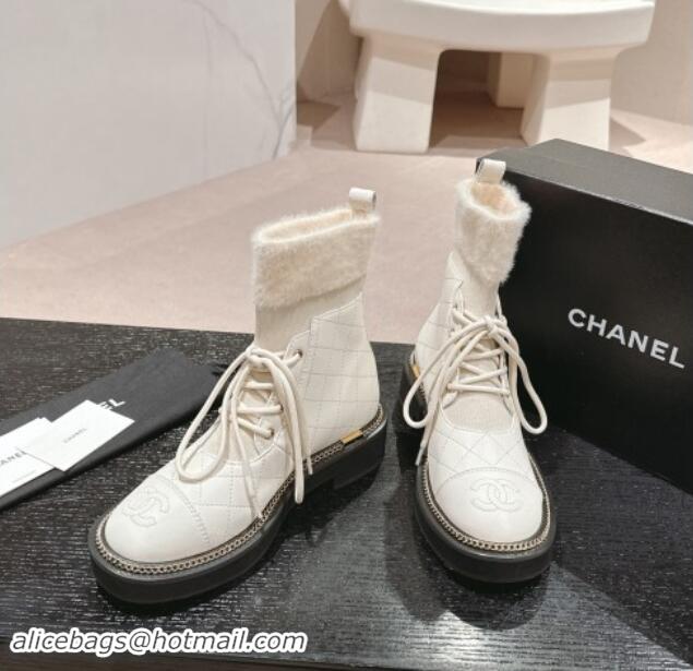 Luxurious Chanel Quilted Calfskin & Knit Lace-up Ankle Boots with Logo Stud White Upper 909052