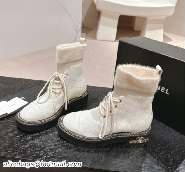 Luxurious Chanel Quilted Calfskin & Knit Lace-up Ankle Boots with Logo Stud White Upper 909052