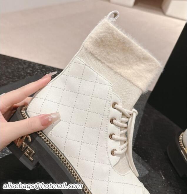 Luxurious Chanel Quilted Calfskin & Knit Lace-up Ankle Boots with Logo Stud White Upper 909052