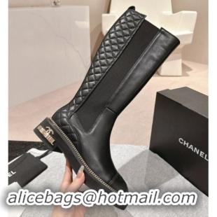 Unique Style Chanel Calfskin Leather & Elastic High Boots with Logo Stud and Chain Black 909053