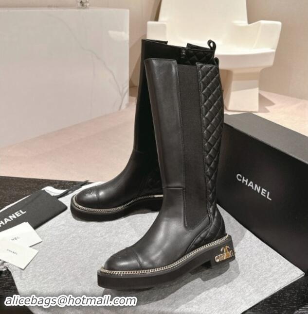 Unique Style Chanel Calfskin Leather & Elastic High Boots with Logo Stud and Chain Black 909053