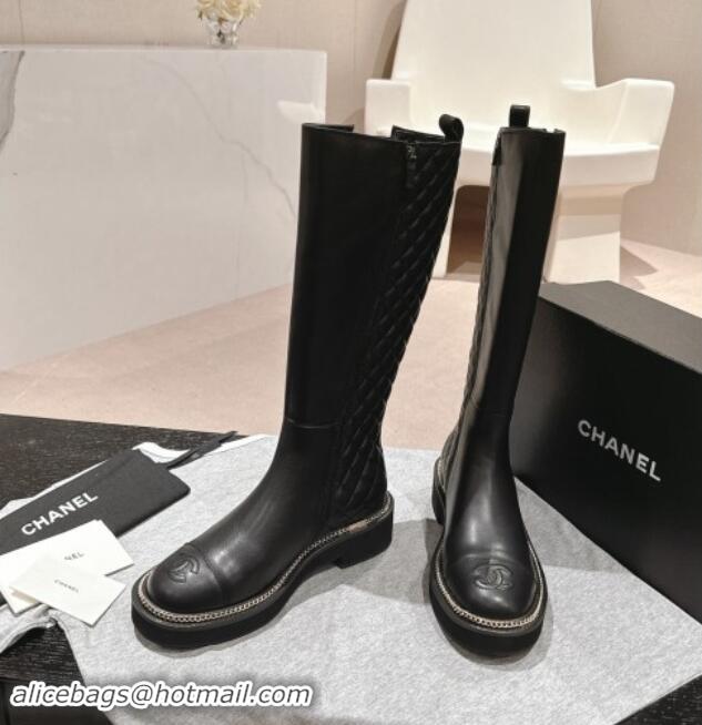 Unique Style Chanel Calfskin Leather & Elastic High Boots with Logo Stud and Chain Black 909053