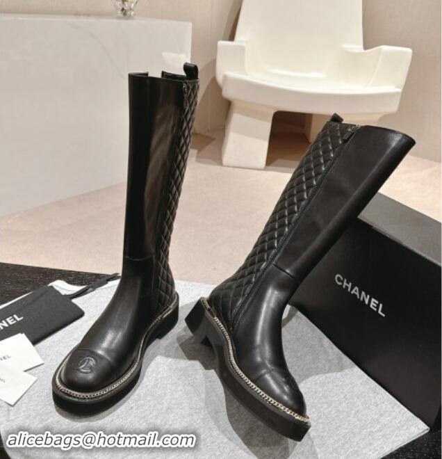 Unique Style Chanel Calfskin Leather & Elastic High Boots with Logo Stud and Chain Black 909053