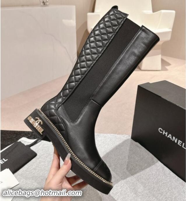 Unique Style Chanel Calfskin Leather & Elastic High Boots with Logo Stud and Chain Black 909053