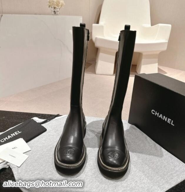 Unique Style Chanel Calfskin Leather & Elastic High Boots with Logo Stud and Chain Black 909053