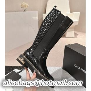 Best Product Chanel Patent Calfskin & Elastic High Boots with Logo Stud and Chain Black 909054