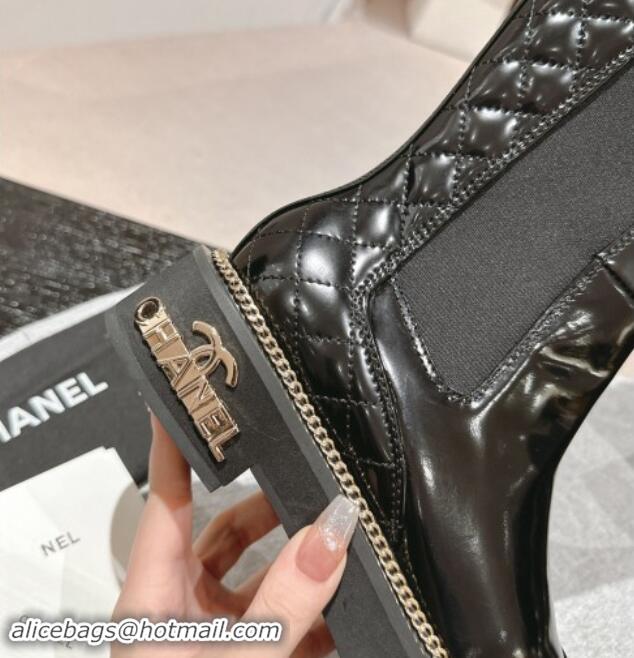 Best Product Chanel Patent Calfskin & Elastic High Boots with Logo Stud and Chain Black 909054