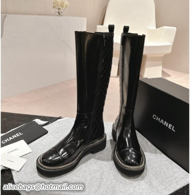 Best Product Chanel Patent Calfskin & Elastic High Boots with Logo Stud and Chain Black 909054