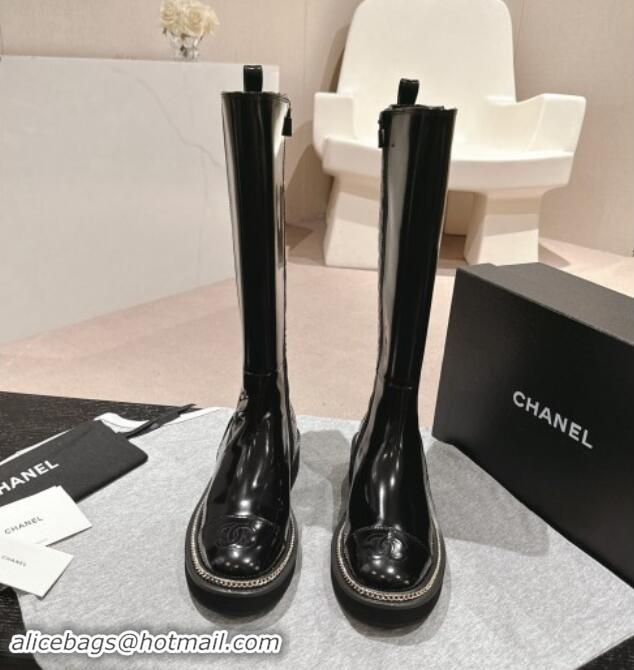 Best Product Chanel Patent Calfskin & Elastic High Boots with Logo Stud and Chain Black 909054