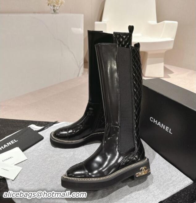 Best Product Chanel Patent Calfskin & Elastic High Boots with Logo Stud and Chain Black 909054