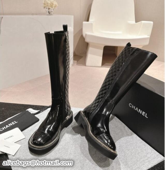 Best Product Chanel Patent Calfskin & Elastic High Boots with Logo Stud and Chain Black 909054