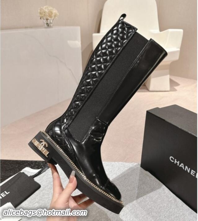 Best Product Chanel Patent Calfskin & Elastic High Boots with Logo Stud and Chain Black 909054