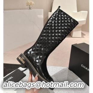 Good Looking Chanel Quilted Patent Calfskin High Boots with Logo Stud and Chain Black 909055