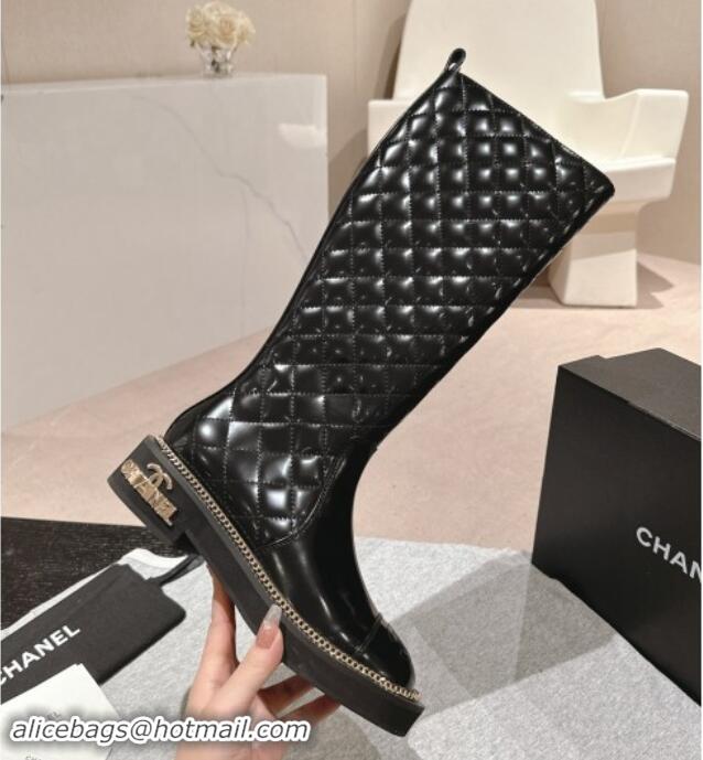 Good Looking Chanel Quilted Patent Calfskin High Boots with Logo Stud and Chain Black 909055