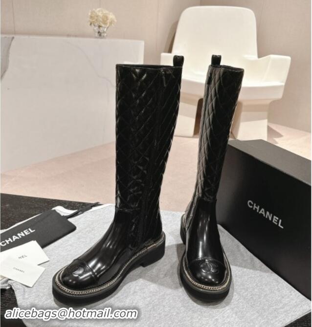 Good Looking Chanel Quilted Patent Calfskin High Boots with Logo Stud and Chain Black 909055