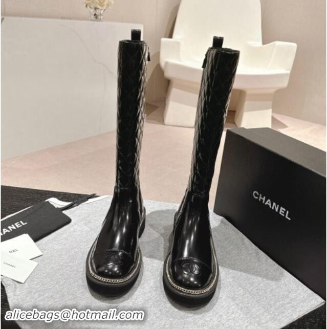 Good Looking Chanel Quilted Patent Calfskin High Boots with Logo Stud and Chain Black 909055