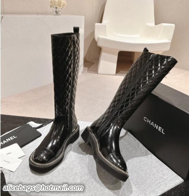 Good Looking Chanel Quilted Patent Calfskin High Boots with Logo Stud and Chain Black 909055