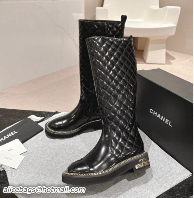 Good Looking Chanel Quilted Patent Calfskin High Boots with Logo Stud and Chain Black 909055