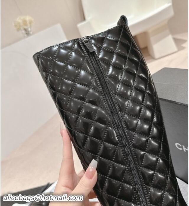 Good Looking Chanel Quilted Patent Calfskin High Boots with Logo Stud and Chain Black 909055