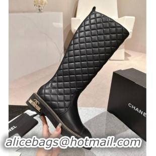 Classic Hot Chanel Quilted Calfskin Leather High Boots with Logo Stud and Chain Black 909056