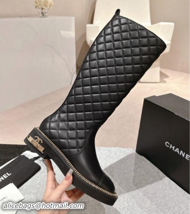 Classic Hot Chanel Quilted Calfskin Leather High Boots with Logo Stud and Chain Black 909056