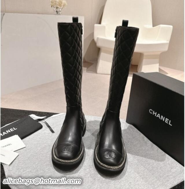 Classic Hot Chanel Quilted Calfskin Leather High Boots with Logo Stud and Chain Black 909056