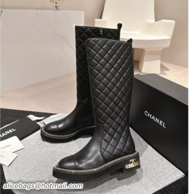 Classic Hot Chanel Quilted Calfskin Leather High Boots with Logo Stud and Chain Black 909056