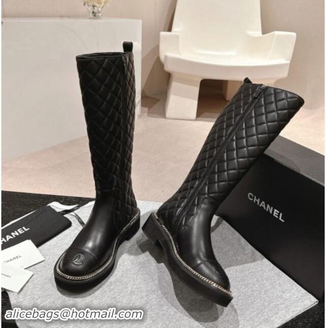 Classic Hot Chanel Quilted Calfskin Leather High Boots with Logo Stud and Chain Black 909056