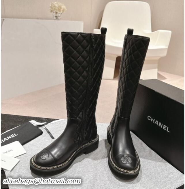 Classic Hot Chanel Quilted Calfskin Leather High Boots with Logo Stud and Chain Black 909056