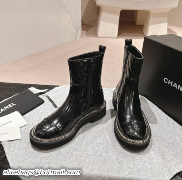 Shop Duplicate Chanel Patent Quilted Calfskin Ankle Boots with Logo Stud and Chain Black 909057