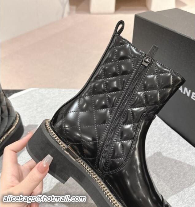 Shop Duplicate Chanel Patent Quilted Calfskin Ankle Boots with Logo Stud and Chain Black 909057