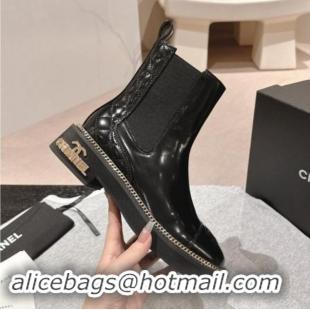 Most Popular Chanel Patent Calfskin & Elastic Ankle Boots with Logo Stud and Chain Black 909058